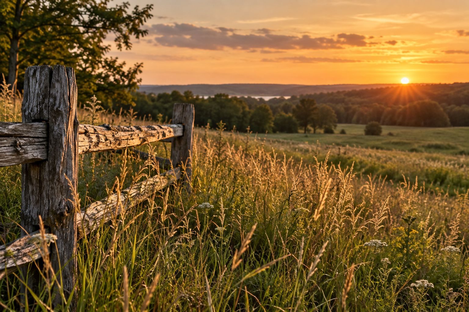 An old split-rail fence at the edge of a Michigan field at sunset