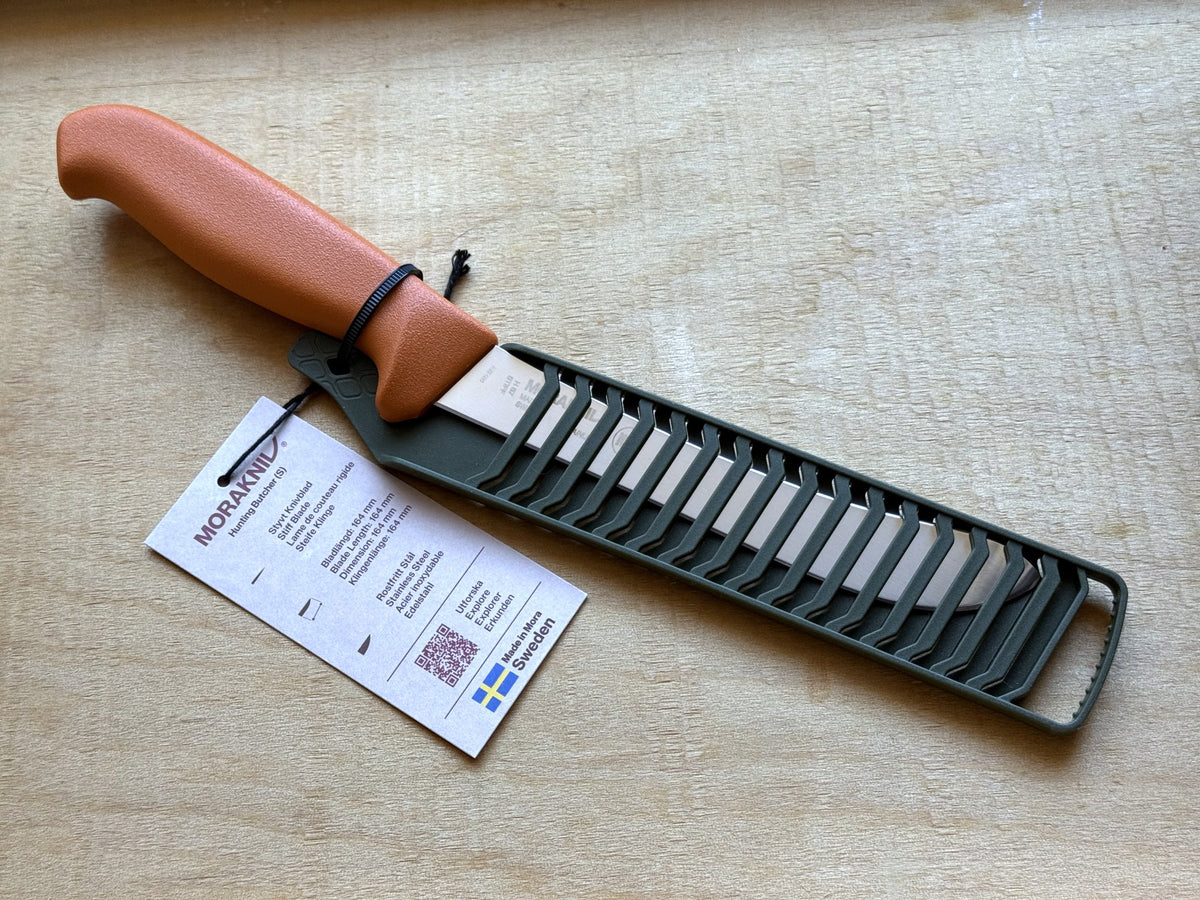 Morakniv Hunting Butcher (S) knife in its ventilated olive sheath with tag