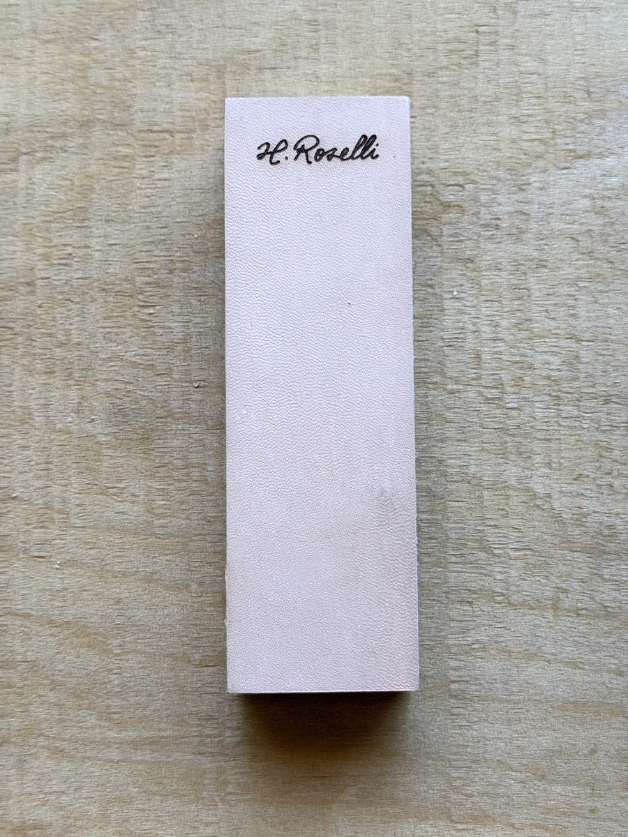 Roselli leather strop, smooth side with H. Roselli logo