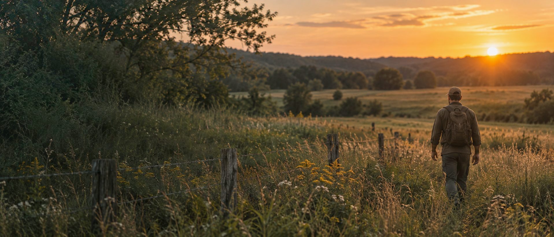 A man walking a Michigan field along an old fence line at sunset